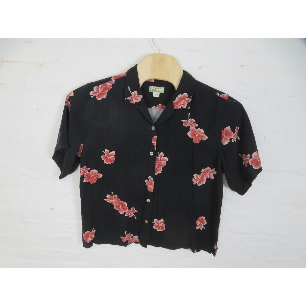Tommy Bahama Shirt Womens XL Black Silk Hawaiian Floral Short Sleeve Button Up - Picture 3 of 7